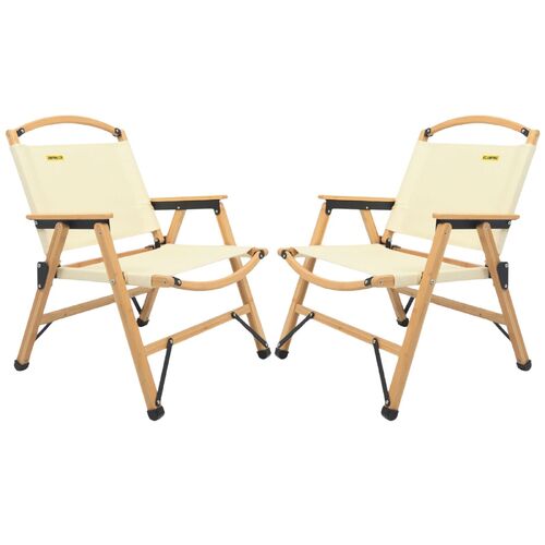 2x Bamboo Canvas Foldable Outdoor Camping Chair Wooden Picnic Park - Khaki/Beige