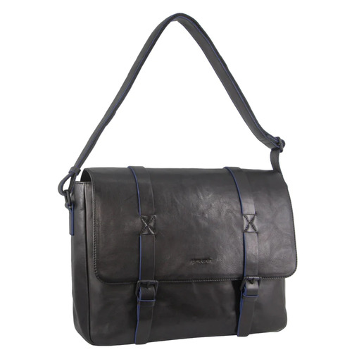 Pierre Cardin Mens Crumple Leather Flap Over Computer/Laptop Bag - Black 