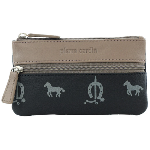 Pierre Cardin Womens Horse Print Genuine Leather RFID Coin Purse Wallet - Black/Taupe