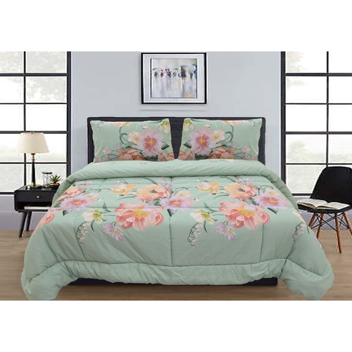 Queen Comforter Set with 2 Pillow Cases in Green Floral