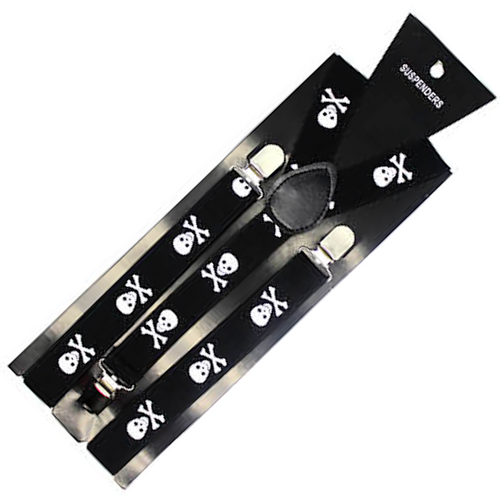 Mens Suspenders Braces Adjustable Strong Clip On Elastic Formal Wedding Slim - Black with White Skulls