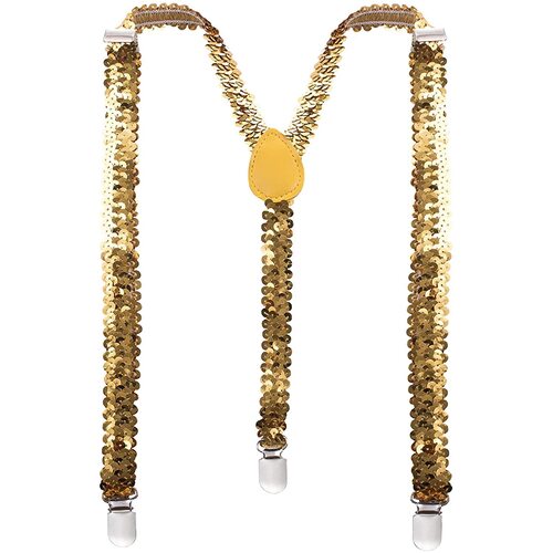 SEQUIN SUSPENDERS Unisex Adjustable Braces Clip On Elastic Y-Back  - Gold