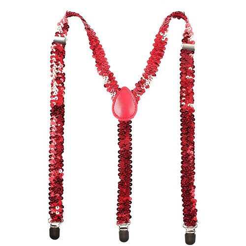 SEQUIN SUSPENDERS Unisex Adjustable Braces Clip On Elastic Y-Back  - Red