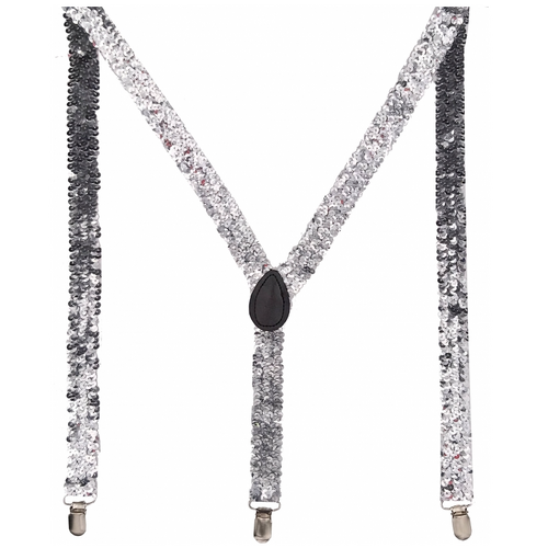 SEQUIN SUSPENDERS Unisex Adjustable Braces Clip On Elastic Y-Back  - Silver