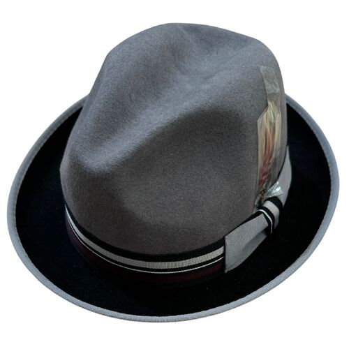 100% Wool Trilby Hat in Grey/Black with Feather