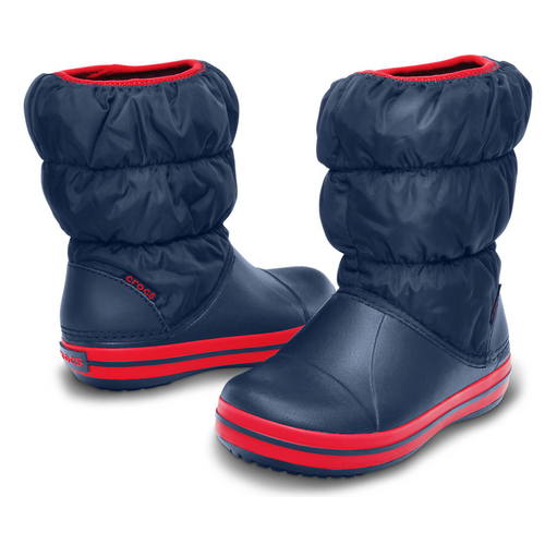 Crocs Kids Winter Puff Boot Childrens Boys Girls Warm Puffer - Navy/Red  - US C12