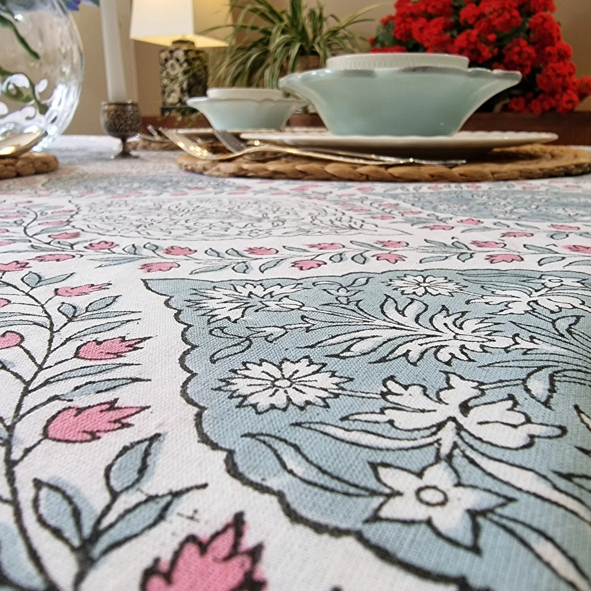 Rectangle Square Tablecloth Table Cover Flower Pattern Dining Table Cloth - Blue