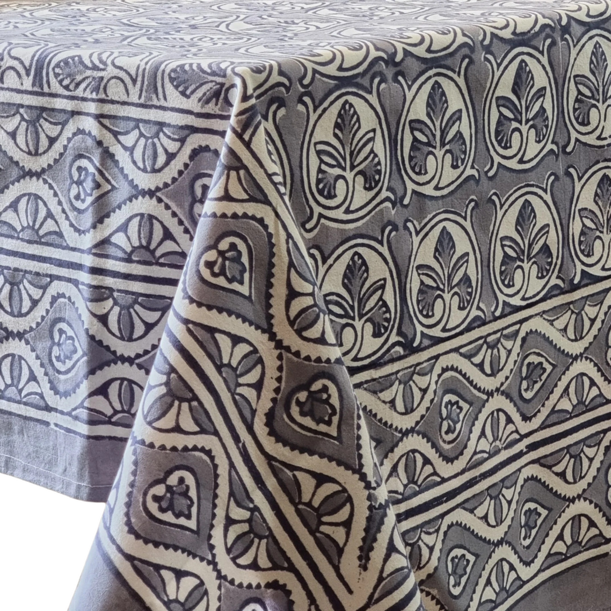 Kolka Lotus Handle Block-Printed Simple Dining Table Tablecloth - Grey