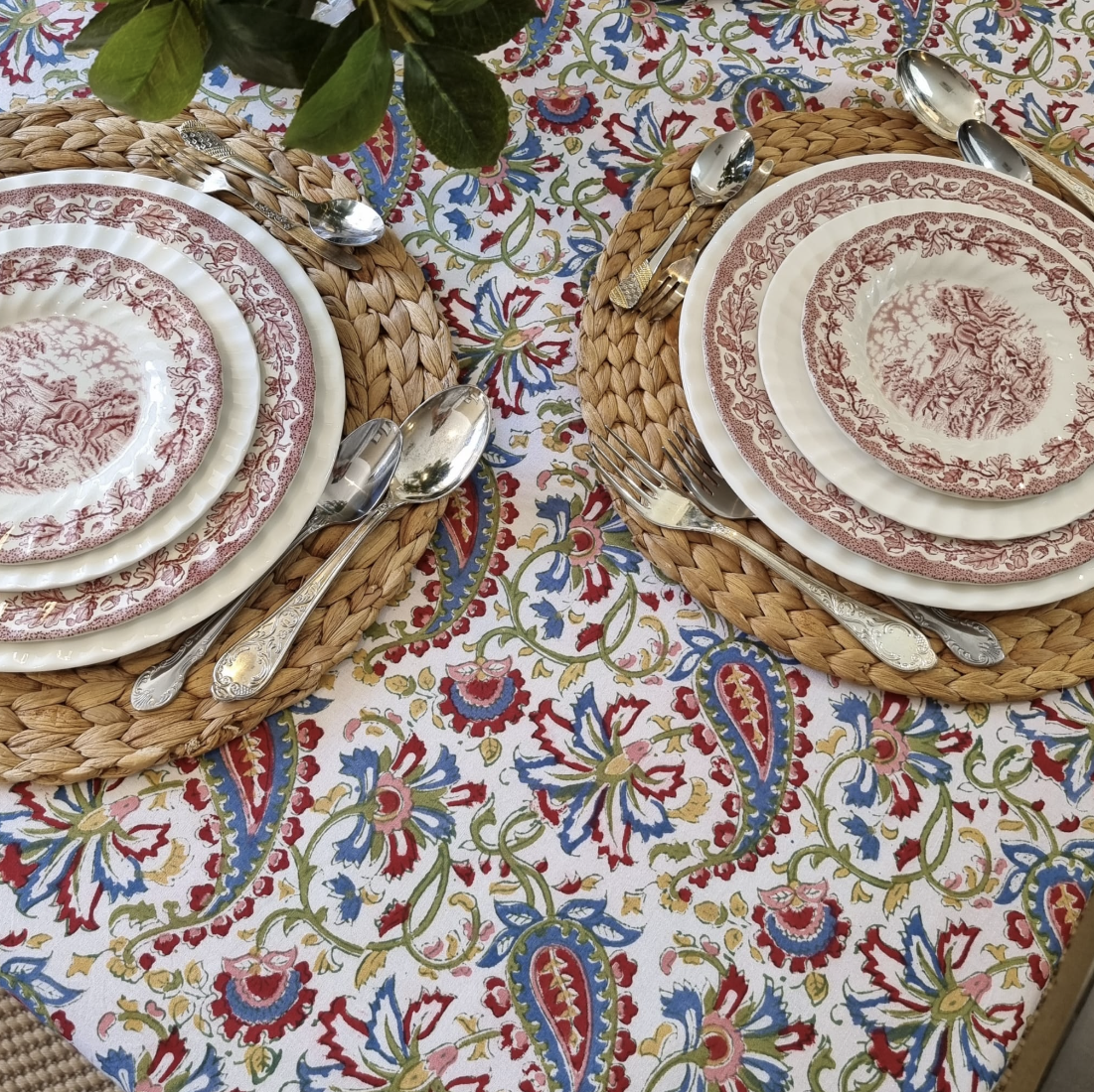 Kolka Indian Paisley Hand Made Block-Printed Tablecloth - Ruby