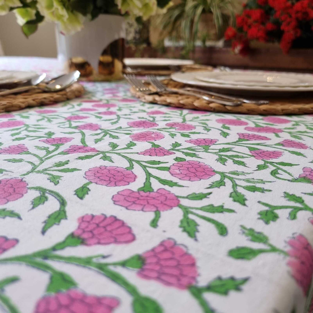 Rectangle Square Tablecloth Table Cover Flower Pattern Dining Table Cloth - Pink