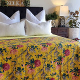 Mustard Peony Kantha Bedspread Coverlet - Mustard (King - 228 cm x 274 cm)