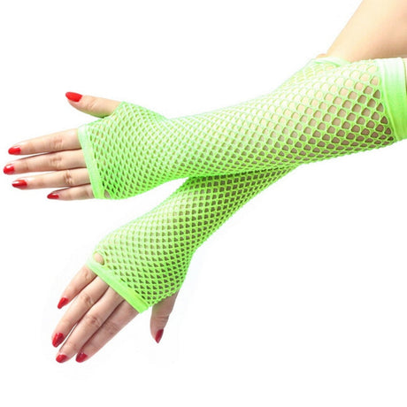 12x FISHNET GLOVES Fingerless Elbow Length 70s 80s Womens Costume Party BULK - Fluro Yellow