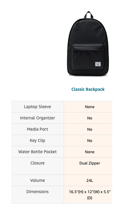 Herschel Classic Backpack Bag Daypack - Black (24L)