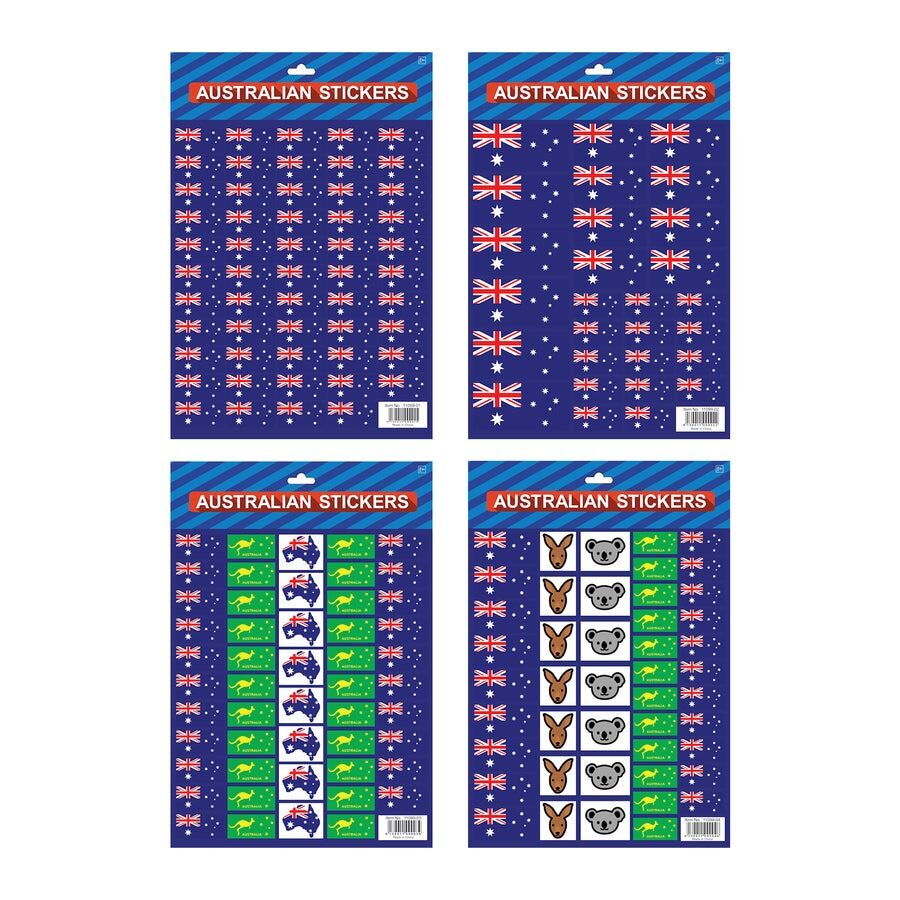 Australian Flag Stickers – 4x A4 Sheets of Festive Stickers for Australia Day Celebrations