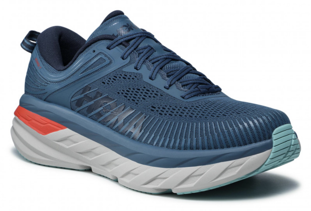 Hoka Mens Bondi 7 Wide Sneakers Athletic Running Shoes - Blue/White-Red