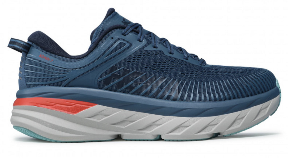 Hoka Mens Bondi 7 Wide Sneakers Athletic Running Shoes - Blue/White-Red