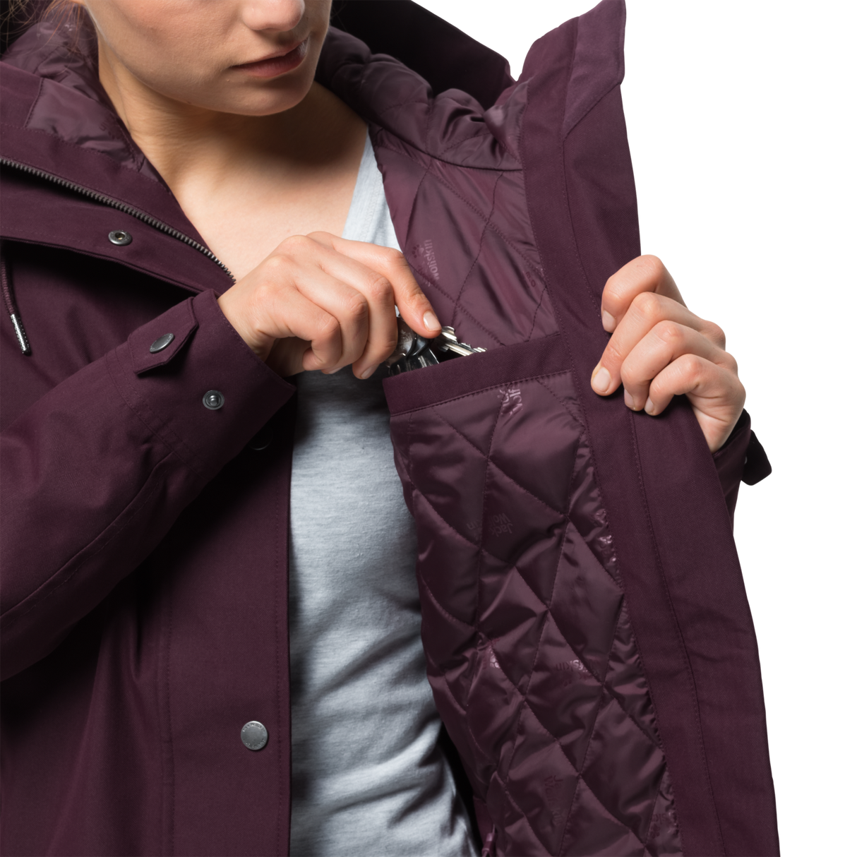 Jack Wolfskin Mora Women Jacket Ladies Winter Warm Coat Hood Waterproof Burgundy