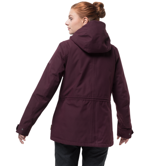 Jack Wolfskin Mora Women Jacket Ladies Winter Warm Coat Hood Waterproof Burgundy