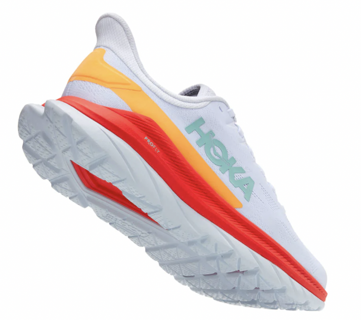 Hoka Mens Mach 4 Running Sneakers Runners Lightweight Shoes - White/Fiesta