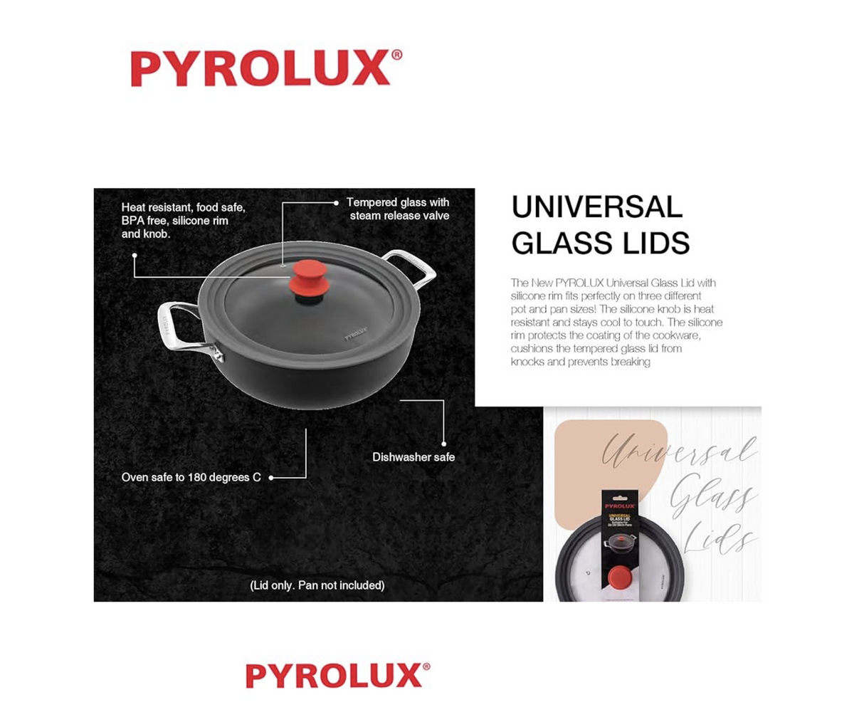 Pyrolux Universal Pot & Pan Glass Lid, 16/18/20cm - Red/Grey