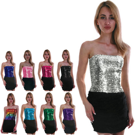 Womens SEQUIN BANDEAU CROP TOP Sparkling Sparkly Costume Tube - Rainbow