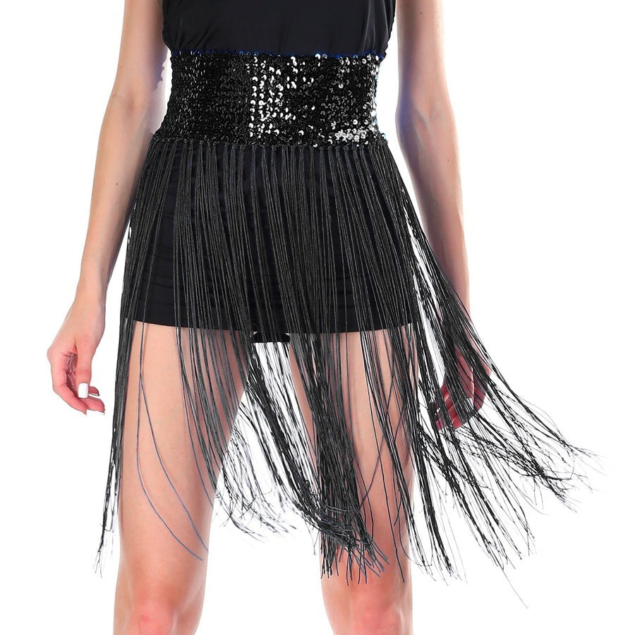 Sequin Belt w/Fringe Skirt Belly Dance Dancer Costume Party - Black