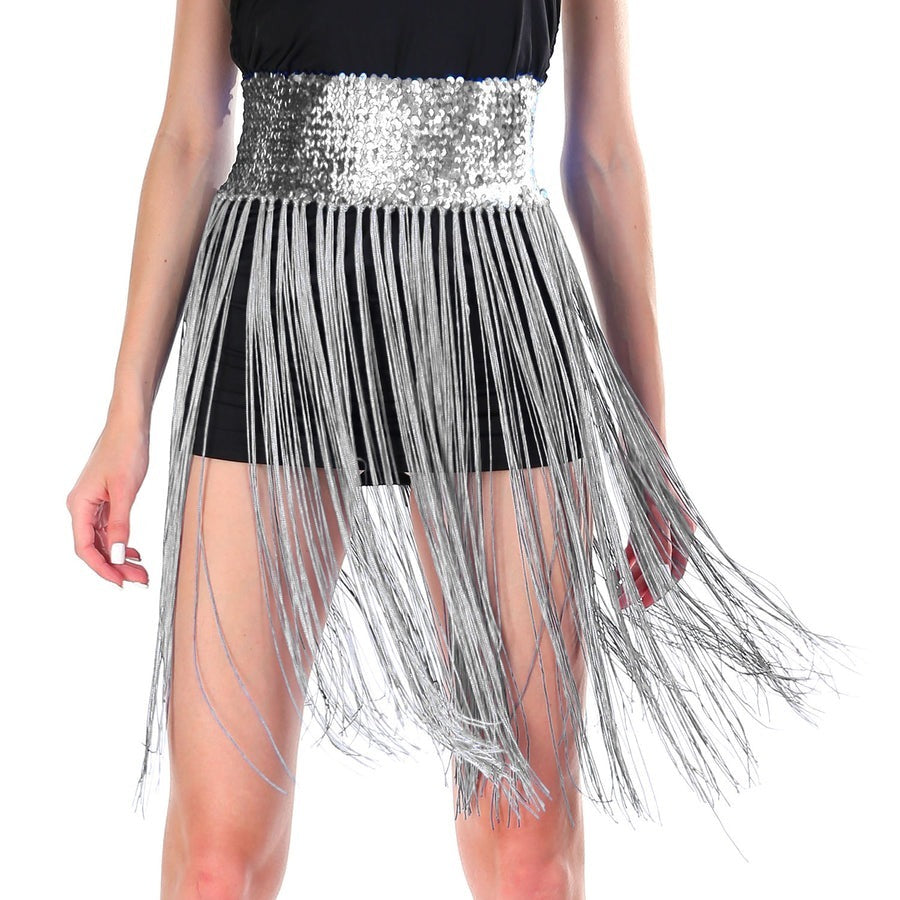 Sequin Belt w/Fringe Skirt Belly Dance Dancer Costume Party - Silver/White