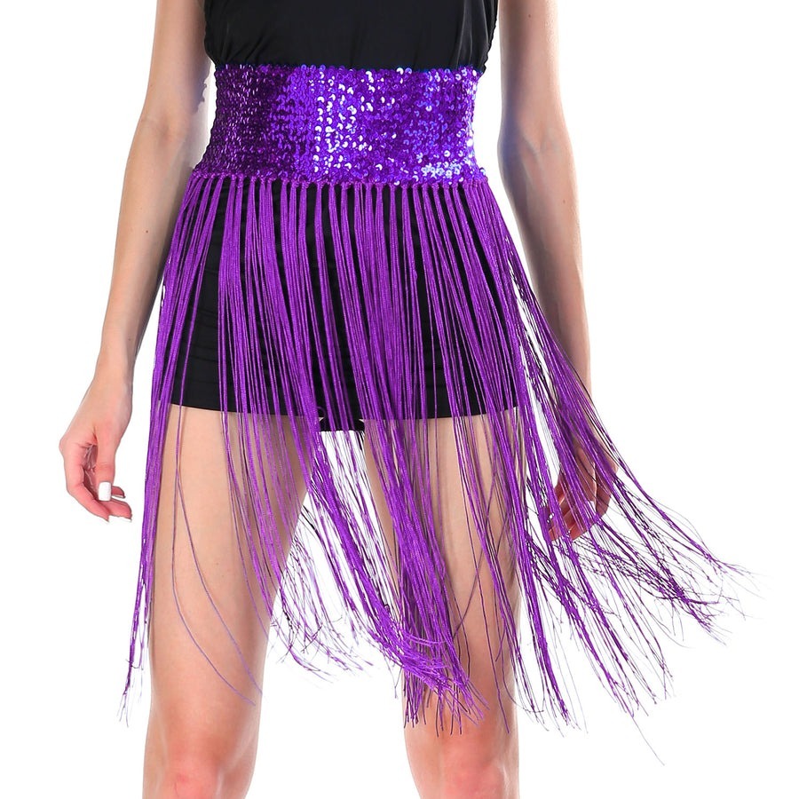 Sequin Belt w/ Fringe Skirt Belly Dance Dancer Costume Party Womens - Purple