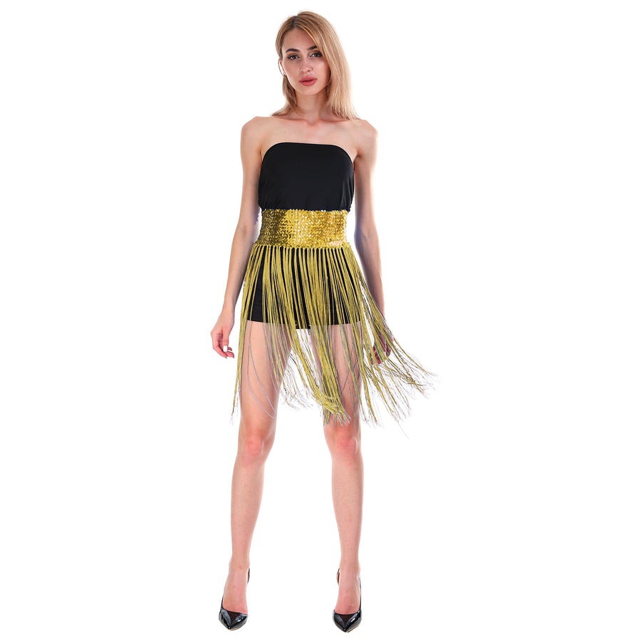 Sequin Belt w/Fringe Skirt Belly Dance Dancer Costume Party - Gold/Yellow