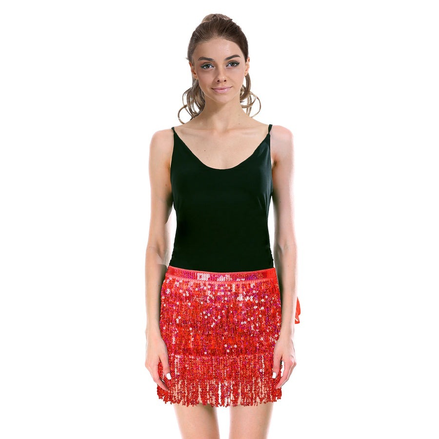 Adult Sequin Fringe Skirt w/ Adjustable Tie Costume Party in Red