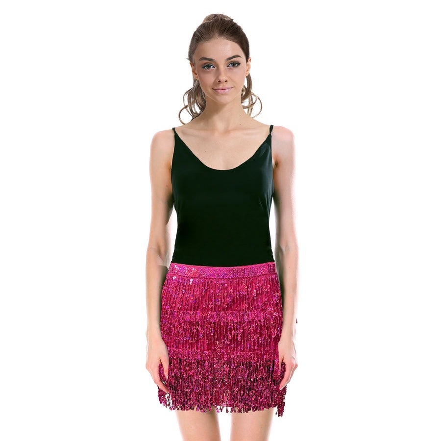 Adult Sequin Fringe Skirt w/ Adjustable Tie Womens Dance Costume in Hot Pink