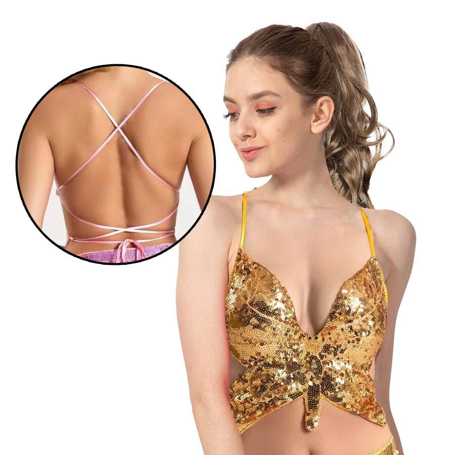 Adult Sequin Butterfly Top w Ribbon Ties Costume Party in Gold/Yellow