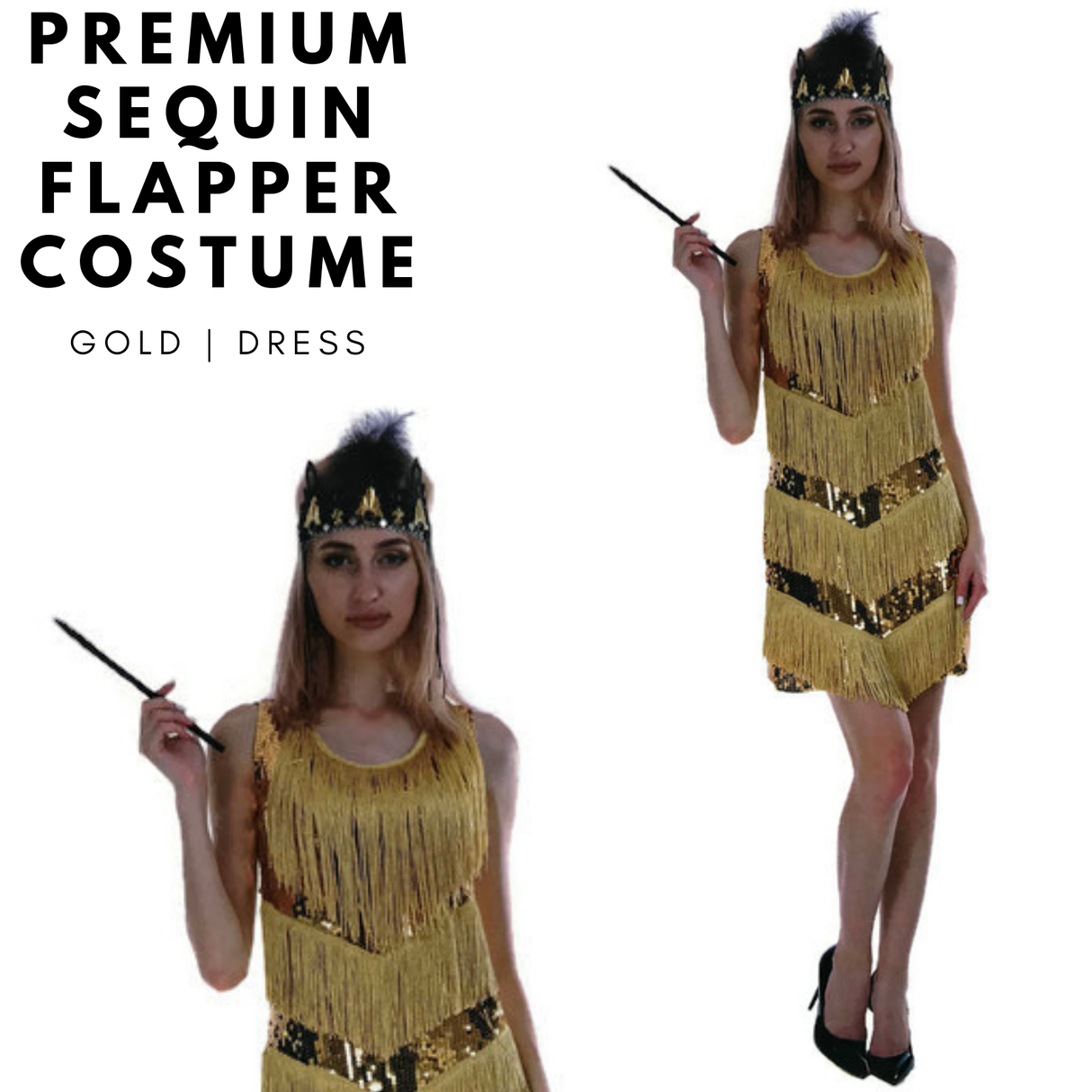 Charleston Sequin Flapper Fringe Costume Tassel Party Fancy Dress 20s 30s - Gold