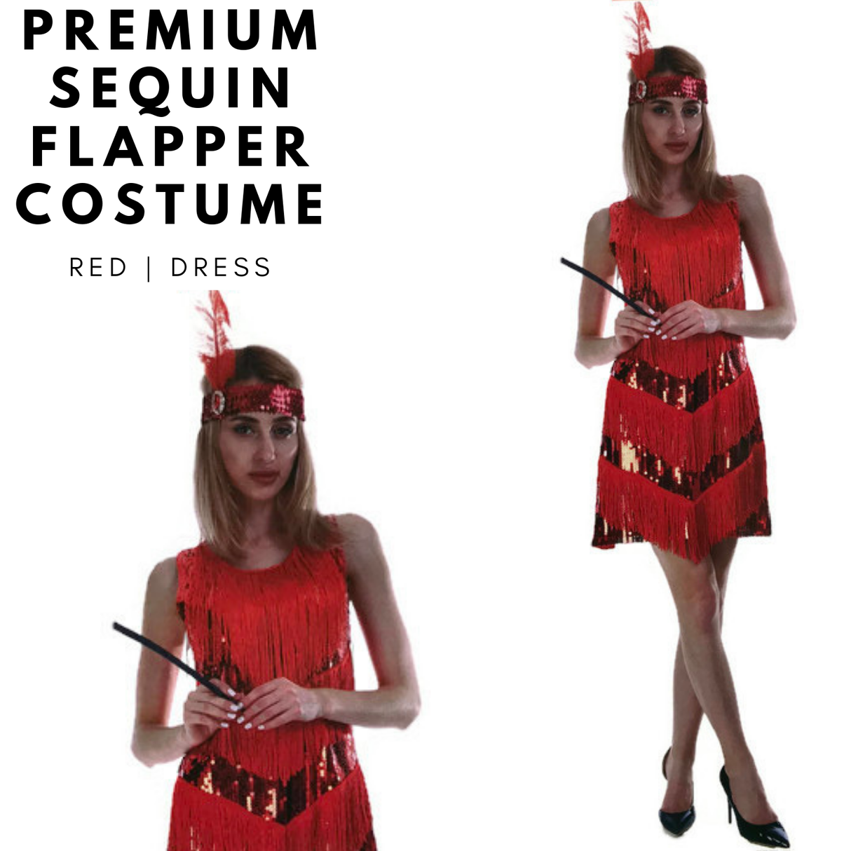 Charleston Sequin Flapper Fringe Costume Tassel Party Fancy Dress 20s 30s - Red