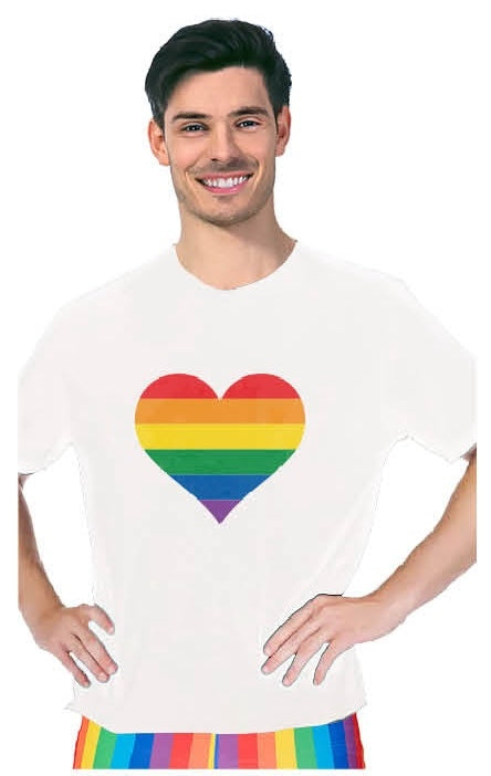 Adult Rainbow Flag T Shirt Top Tee Gay Pride LGBTQ Love Heart - White - One Size