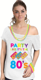 Party Like It's The 80s Womens T Shirt Costume Ladies 1980s Fancy Dress Up Top - White