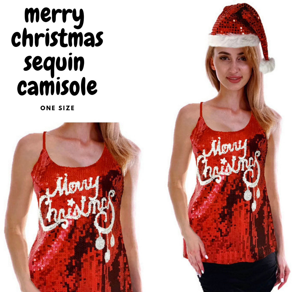 Womens Merry Christmas Sequin Singlet Camisole Cami Costume Party Xmas