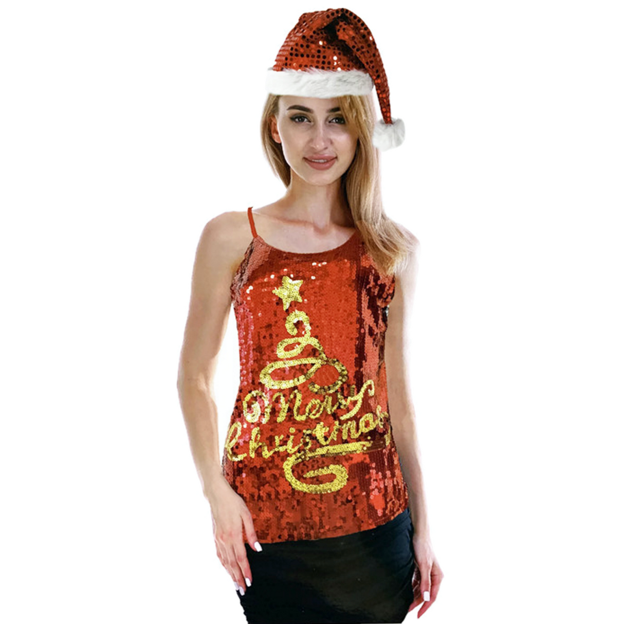 Womens Merry Christmas Tree Sequin Singlet Camisole Cami Costume Xmas Party