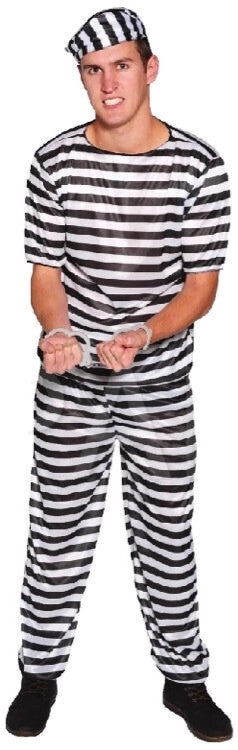 PRISONER COSTUME Halloween Jail Convict Adult Outfit Black White Short Sleeve