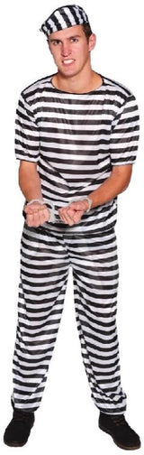 PRISONER COSTUME Halloween Jail Convict Adult Outfit Black White Short Sleeve