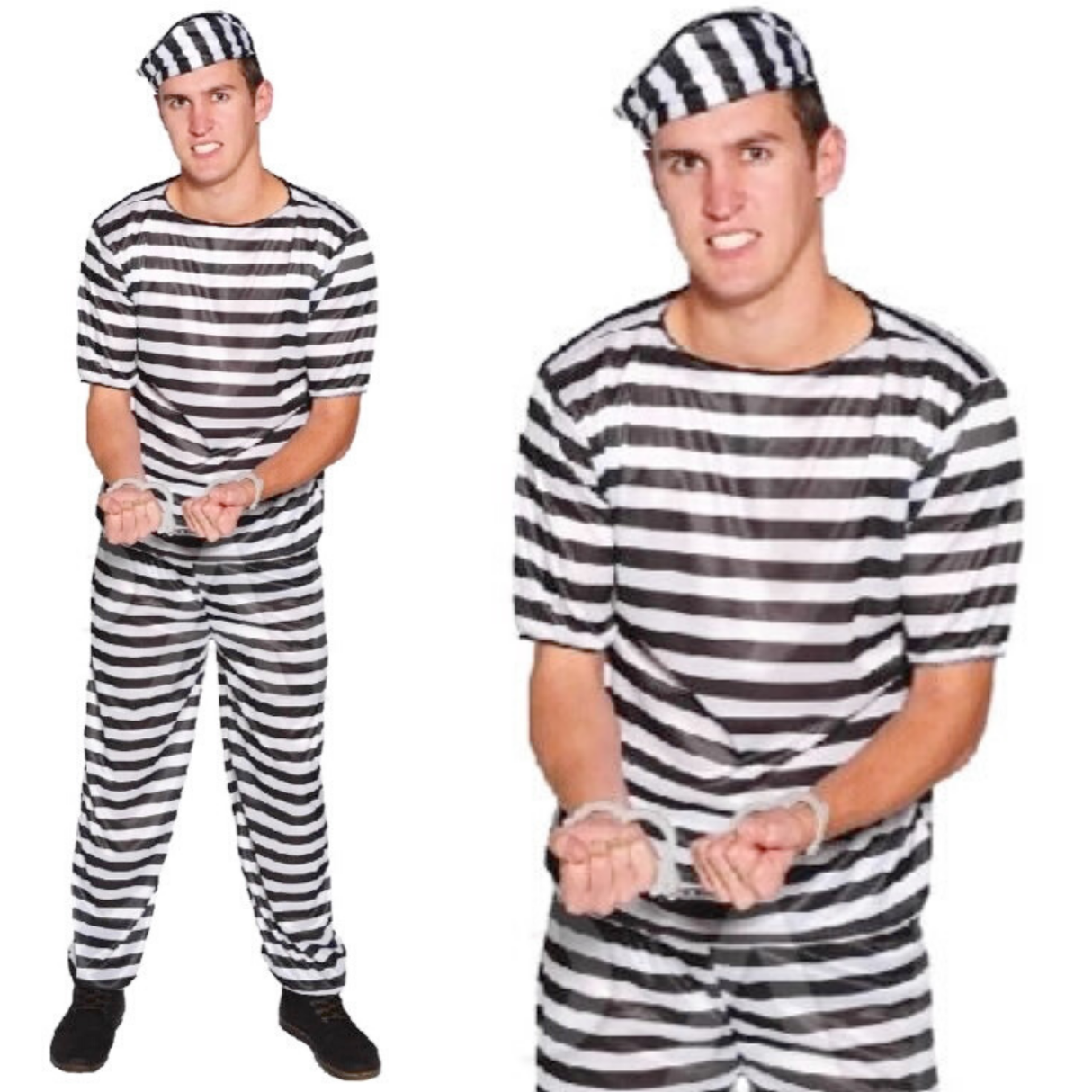 PRISONER COSTUME Halloween Jail Convict Adult Outfit Black White Short Sleeve