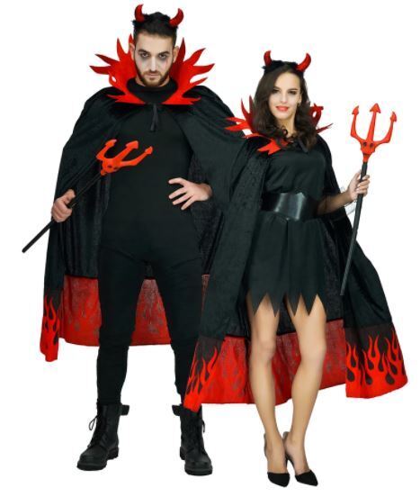 Devil Demon On Fire Mens Ladies Halloween Costume Cape and Devil Horns