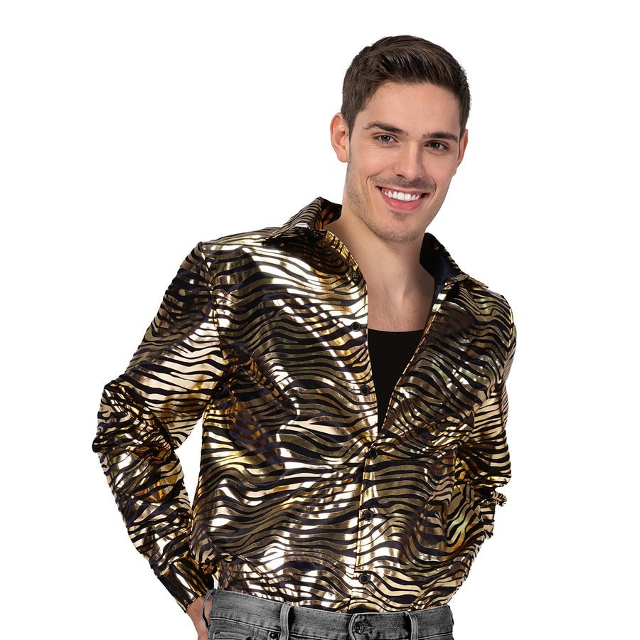 Mens Deluxe Disco Tiger Print Shirt Costume Party in Gold