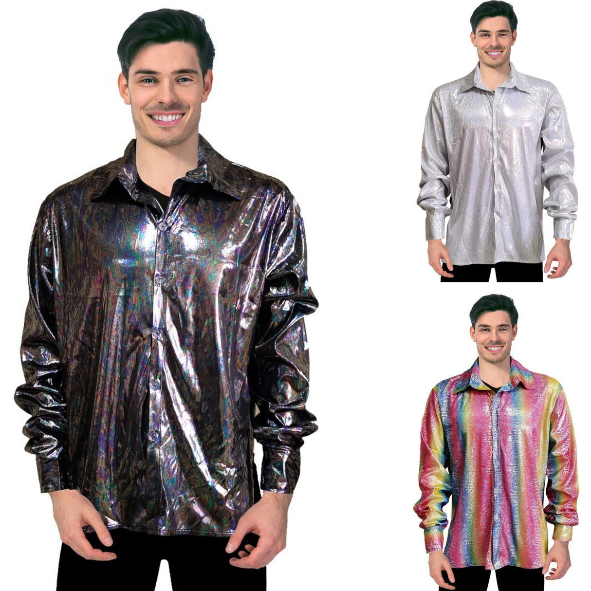 Mens 70s Deluxe Disco Shirt Costume Dance Groovy Dancer Long Sleeve - Silver