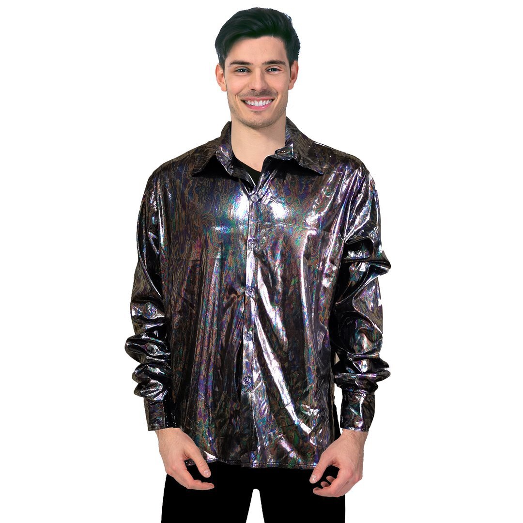 Mens 70s Deluxe Disco Shirt Costume Dance Groovy Dancer Long Sleeve - Rainbow