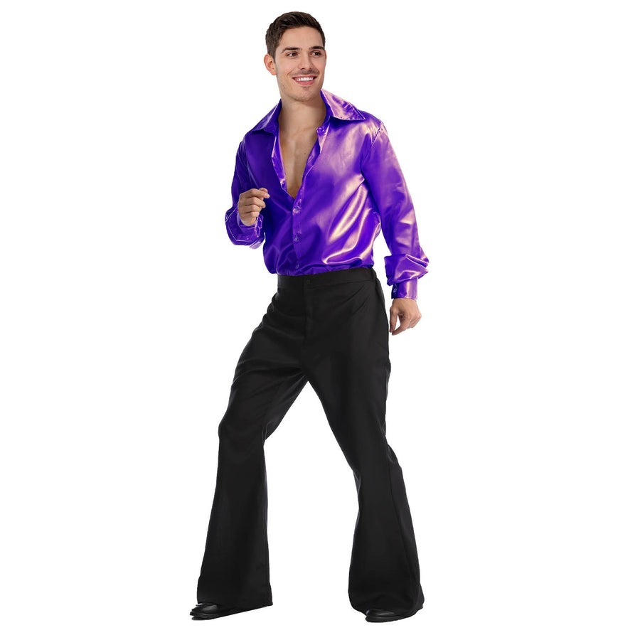 Mens 70s Deluxe Disco Shirt Costume Dance Groovy Dancer Long Sleeve - Purple