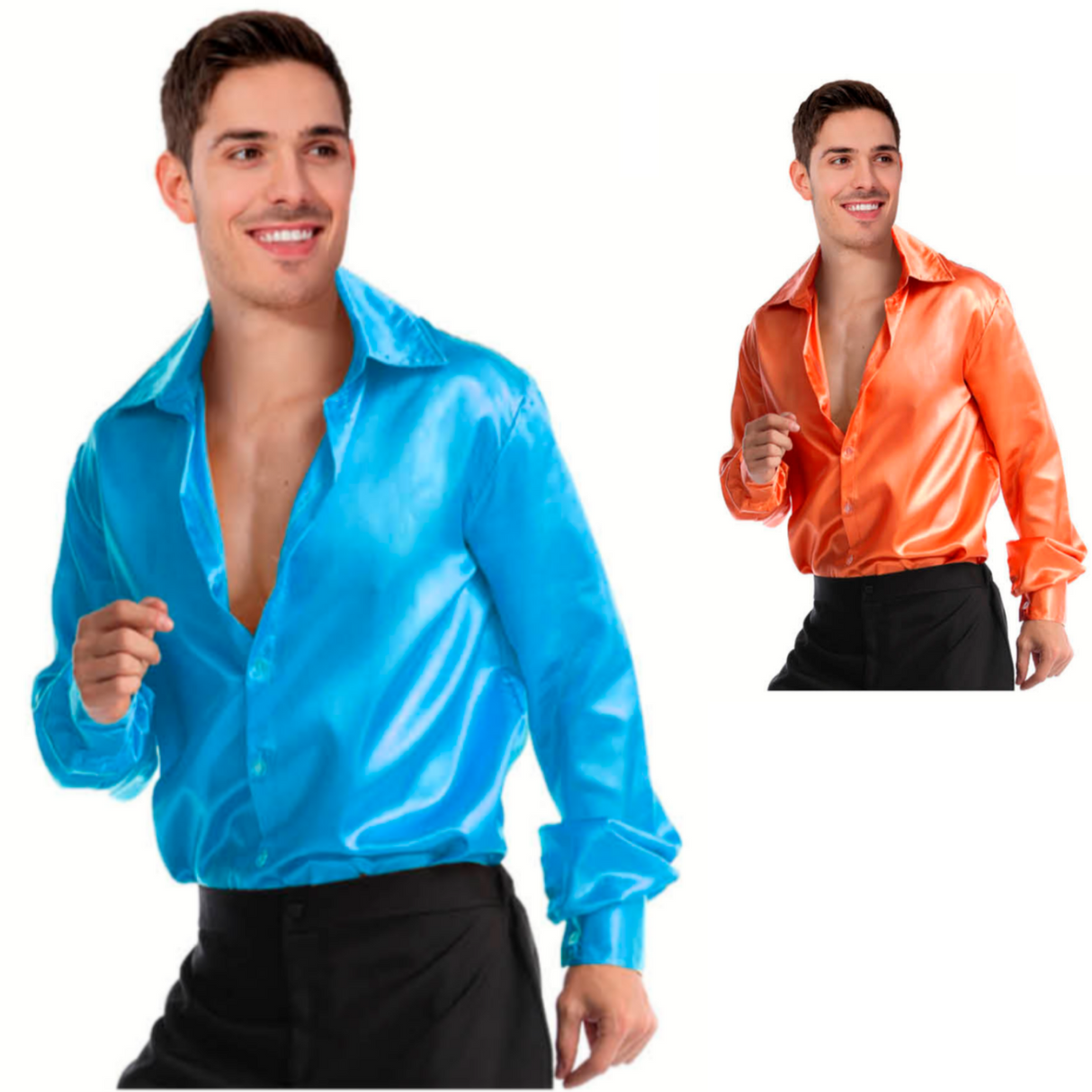 Mens 70s Deluxe Disco Shirt Costume Dance Groovy Dancer Long Sleeve - Orange