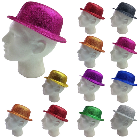 12x GLITTER BOWLER HAT Fancy Party Plastic Costume Cap Fun Dress Up Sparkle BULK - Blue