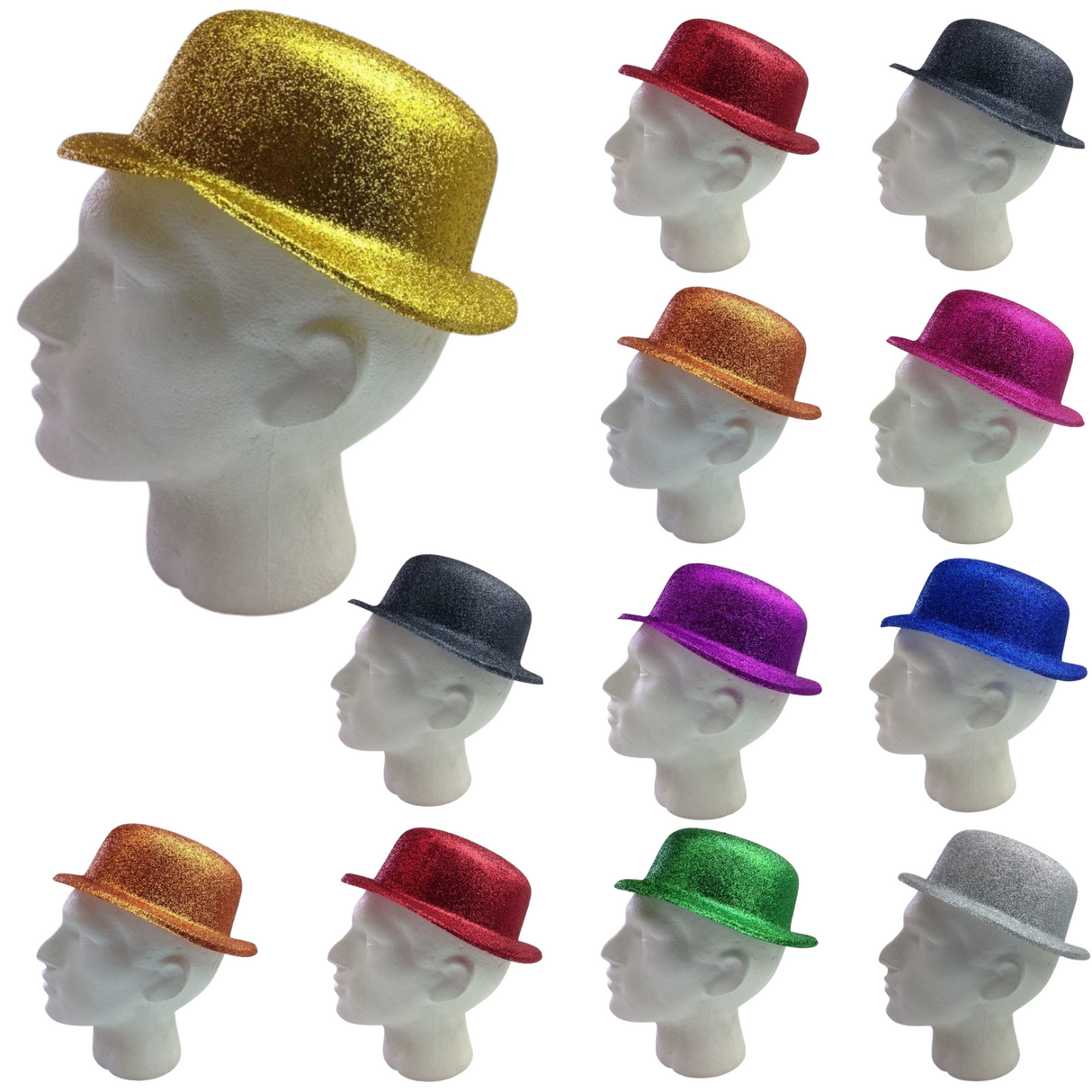 12x GLITTER BOWLER HAT Fancy Party Plastic Costume Cap Fun Dress Up Sparkle BULK