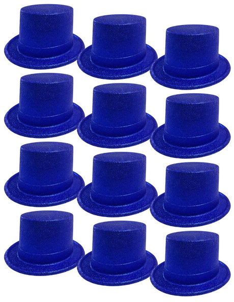 12x GLITTER TOP HAT Fancy Party Plastic Costume Tall Cap Fun Dress Up BULK - Blue